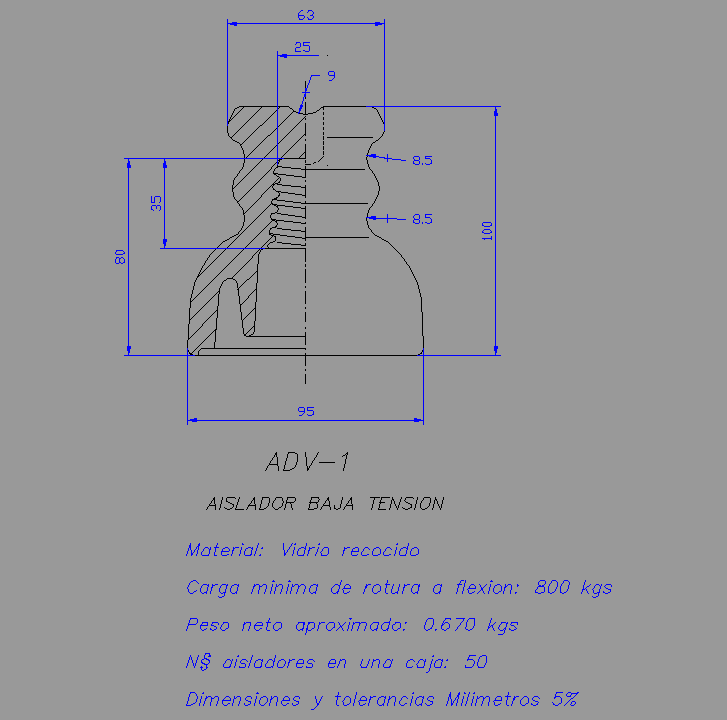 Bloque Autocad Aislador soporte para baja tensión ADV-1, carga mínima de rotura 800Kg.
